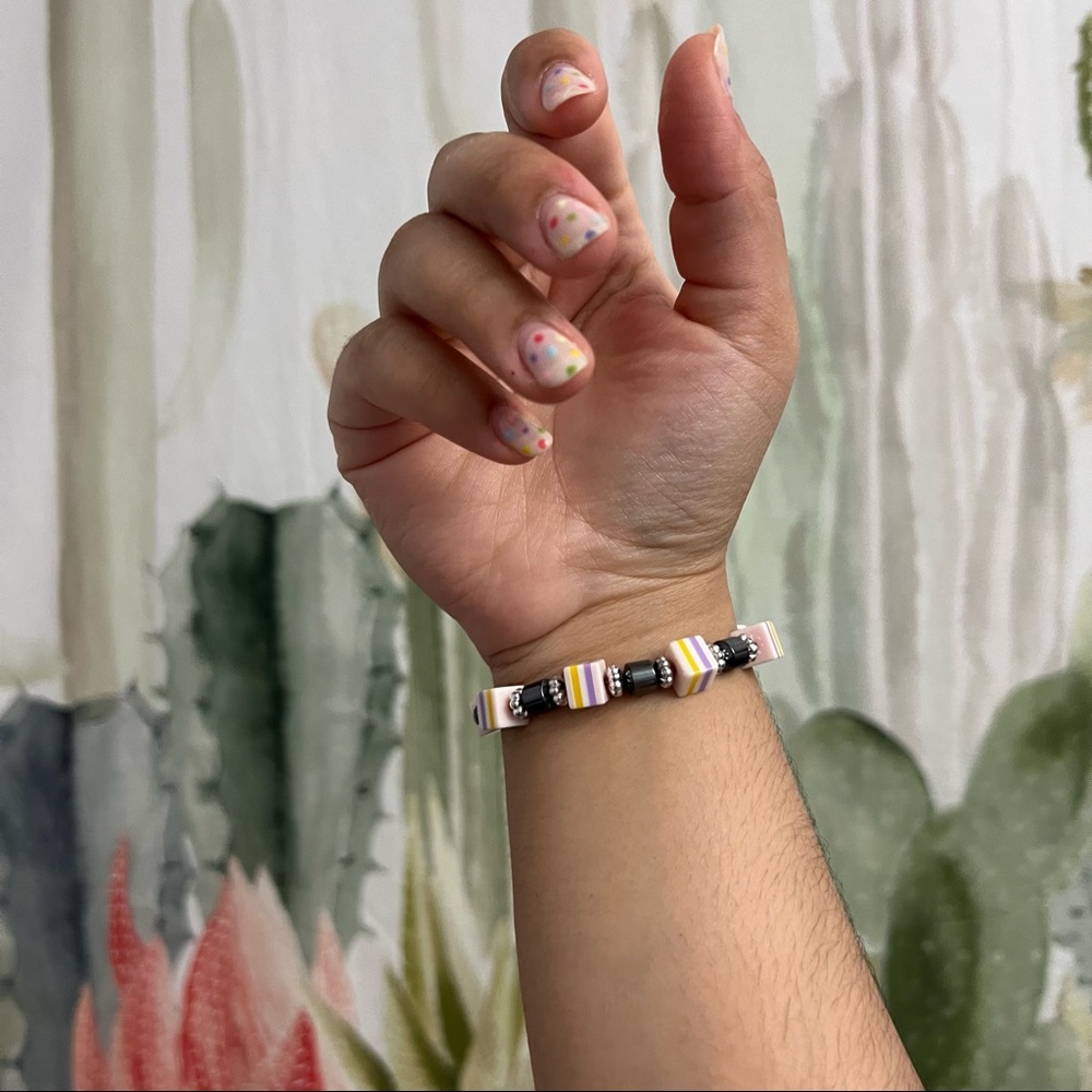 Handmade Beaded Multicolored Colorful Rainbow Silver Elastic Stretchy Bracelet
